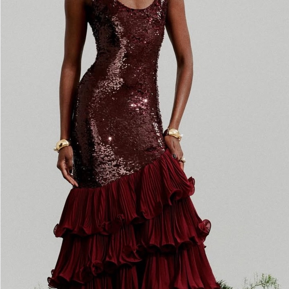 PatBO Burgundy Sequin Ruffle Dress
